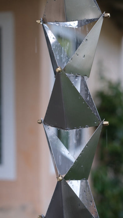Brushed stainless steel Origami rain chain with angular square cups
