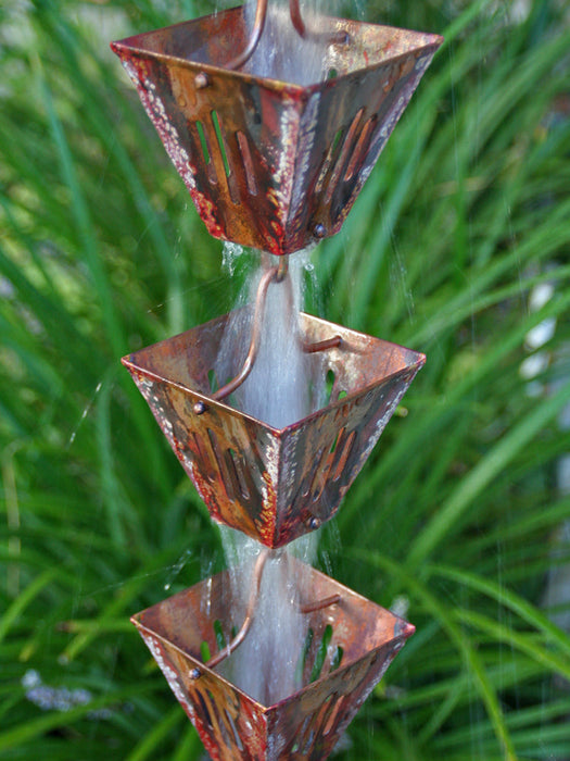 Pre-aged pure copper square cup rain chain with decorative slotted cutouts