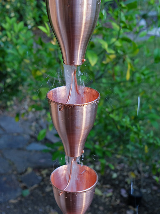 Large smooth unfinished copper rain chain cups with folded rigid lip