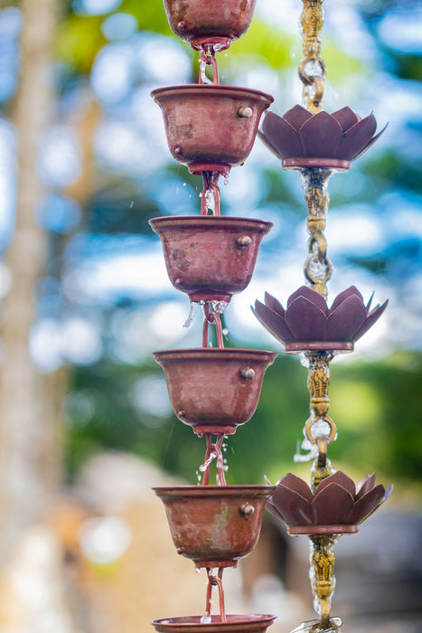 pure copper hand hammered bell cup rain chain natural patina highest quality