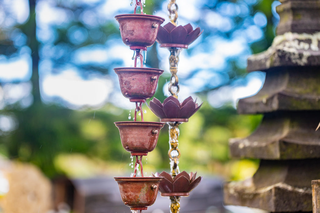 pure copper hand hammered bell cup rain chain natural patina highest quality