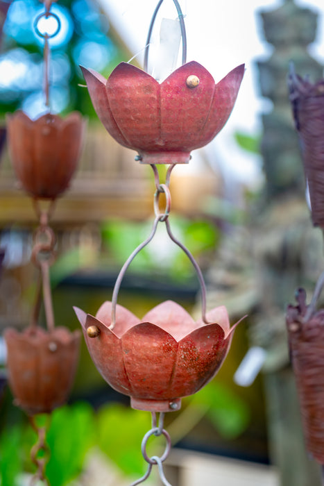 Solid Copper hand hammered lotus cup rain chain aged patina high quality