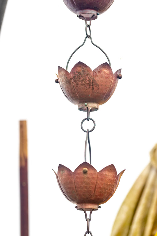Solid Copper hand hammered lotus cup rain chain aged patina highest quality