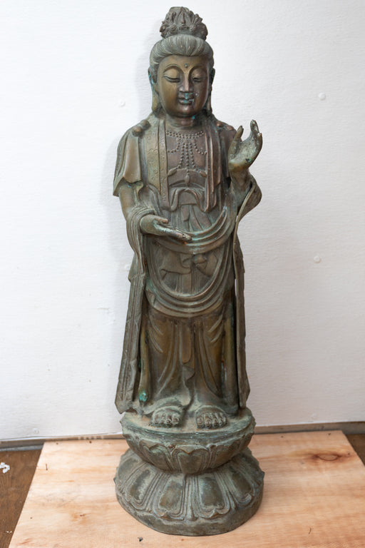 Large bronze quan yin statue 32" aged chinese goddess