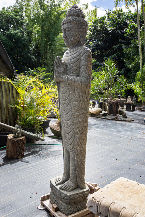 Tall standing buddha stone statue prayer greeting mudras