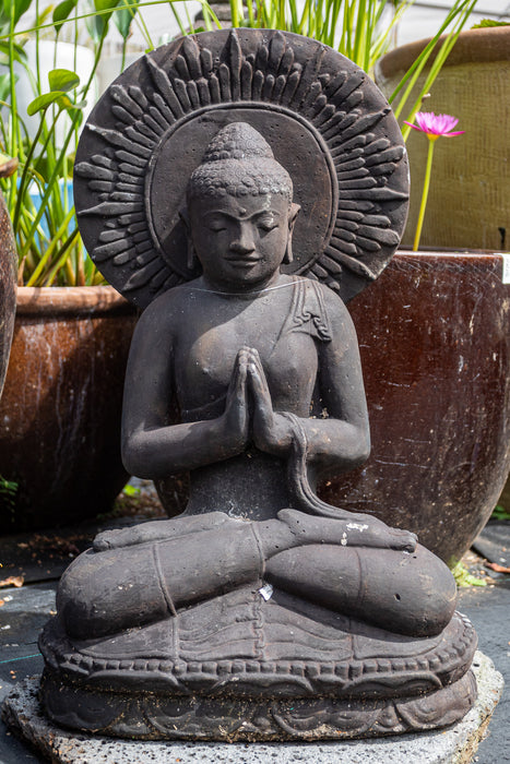 seated concrete buddha black finish praying mudras halo full lotus