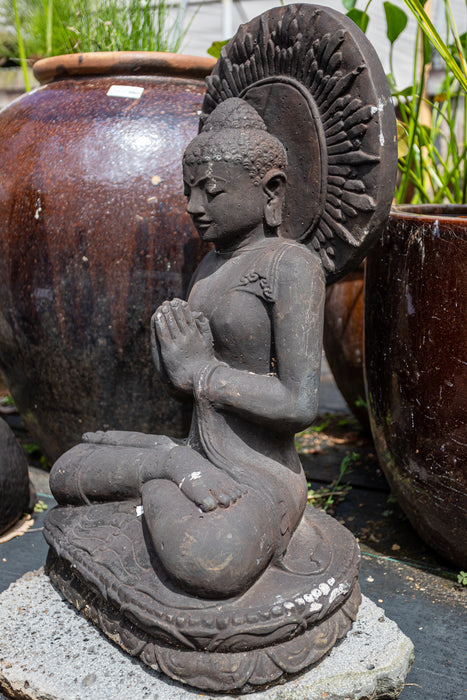 seated concrete buddha black finish praying mudras halo full lotus
