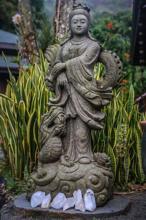 Quan Yin hand carved stone statue 66" Indonesian Andisite Vase Stone Statue Standing Ready to Ship Quan Yin Made to Order Lotus Limestone Lavastone Kwan Yin Indonesian Hindu Hand Carved Guanyin Greenstone Green Stone Goddess Flower Female Dragon Currently