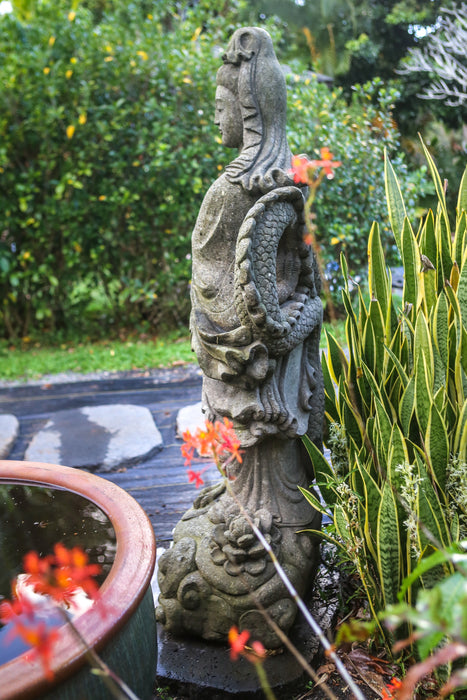 Custom Indonesian hand carved stone Quan Yin with Dragon Lotus cloud statue
