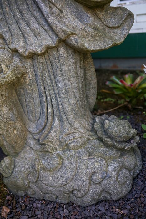 Quan yin on cloud with lotus flower detail stone statue
