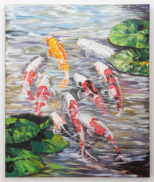 koi fish pond leaves painting original oil canvas orange white gold black green artwork