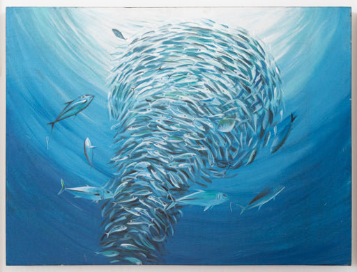original oil painting fish tuna bait ball blue water ocean spiral swarm underwater