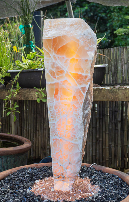 sunrise onyx light up fountain 36" tall lit water feature natural orange yellow crystal calcite ribbons glowing sexy
