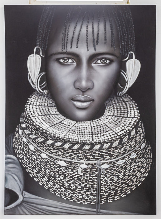 tribal ethnic black woman traditional African islander primitive intense monochrome white