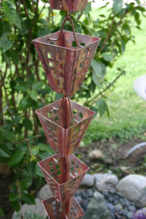 Pure copper square cup rain chain with handcrafted architectural detail