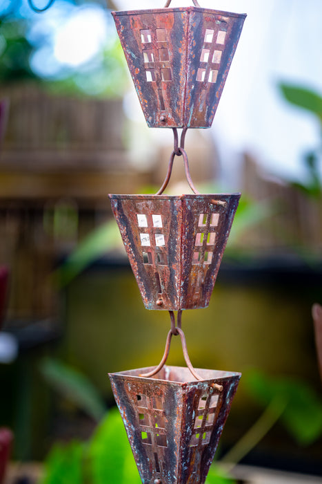 Arts & Crafts solid copper rain chain with square high-flow cups for Hawaii homes