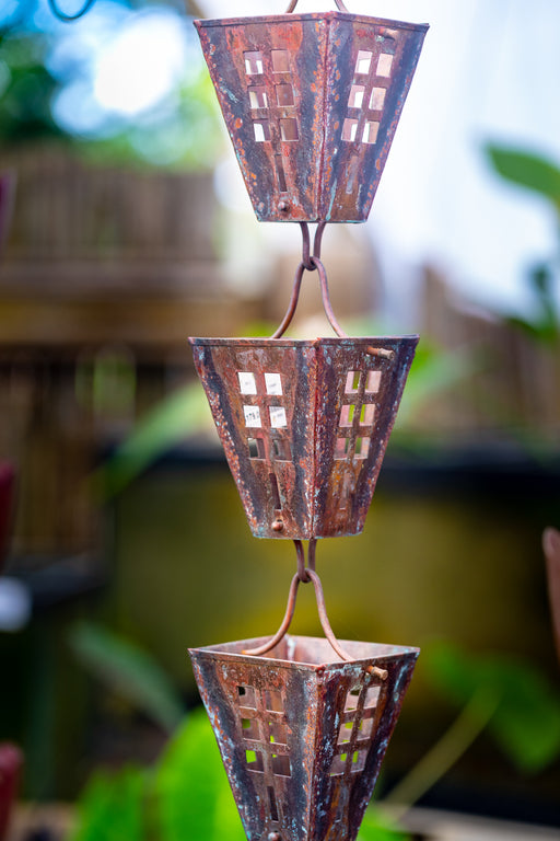 Arts & Crafts solid copper rain chain with square high-flow cups for Hawaii homes